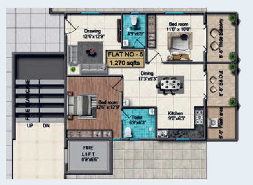 Floor plan of 2 BHK 1270 Sq. Ft. Apartment in Sai Keerthi Lake View, Hyderabad