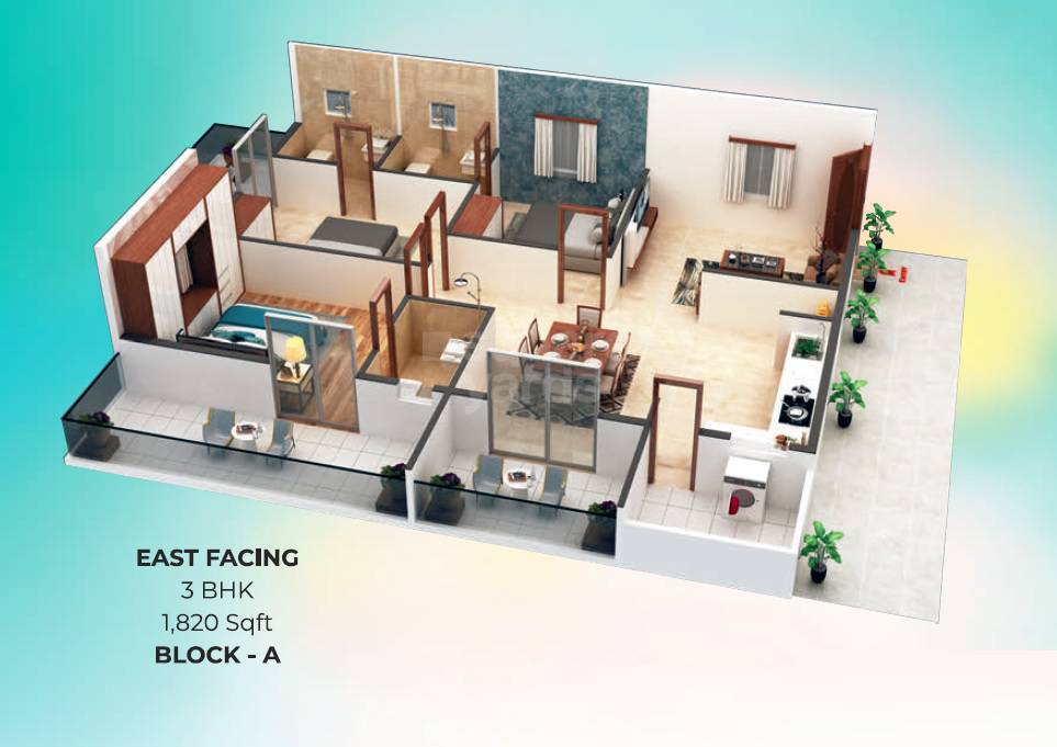 Floor plan of 3 BHK 1820 Sq. Ft. Apartment in Sai Keerthi Lake View, Hyderabad