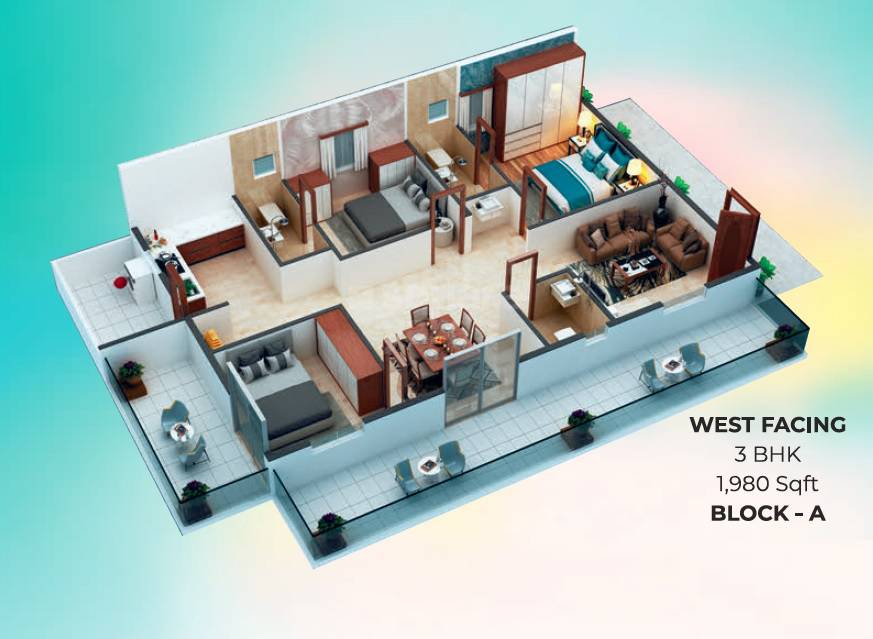 Floor plan of 3 BHK 1980 Sq. Ft. Apartment in Sai Keerthi Lake View, Hyderabad