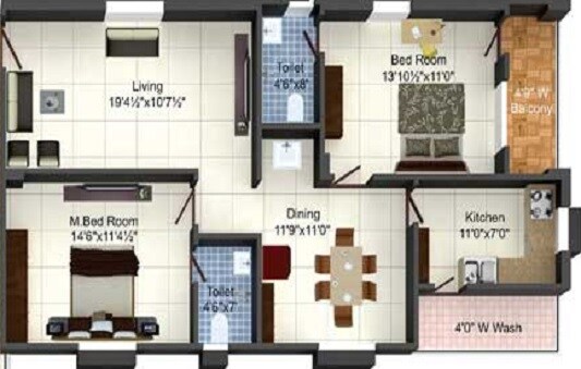 Floor plan of 2 BHK 1012 Sq. Ft. Apartment in Sai Krishna Brundavanam, Hyderabad