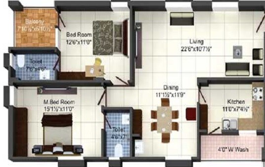 Floor plan of 2 BHK 958 Sq. Ft. Apartment in Sai Krishna Brundavanam, Hyderabad