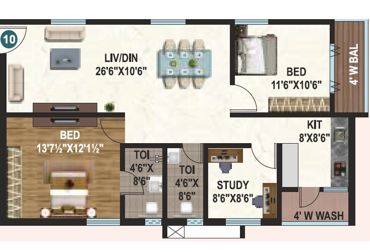 Floor plan of 2 BHK 1310 Sq. Ft. Apartment in Sai Pragathi Sumedha, Hyderabad
