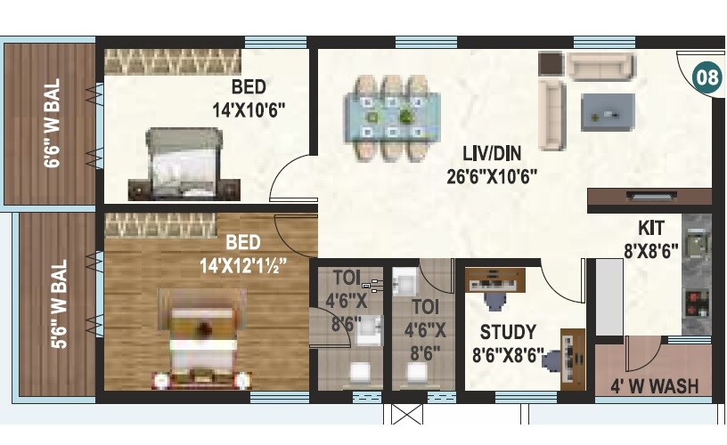 Floor plan of 2 BHK 1470 Sq. Ft. Apartment in Sai Pragathi Sumedha, Hyderabad
