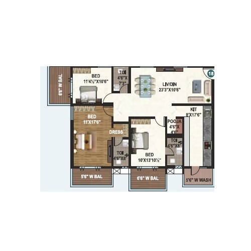 Floor plan of 3 BHK 1845 Sq. Ft. Apartment in Sai Pragathi Sumedha, Hyderabad