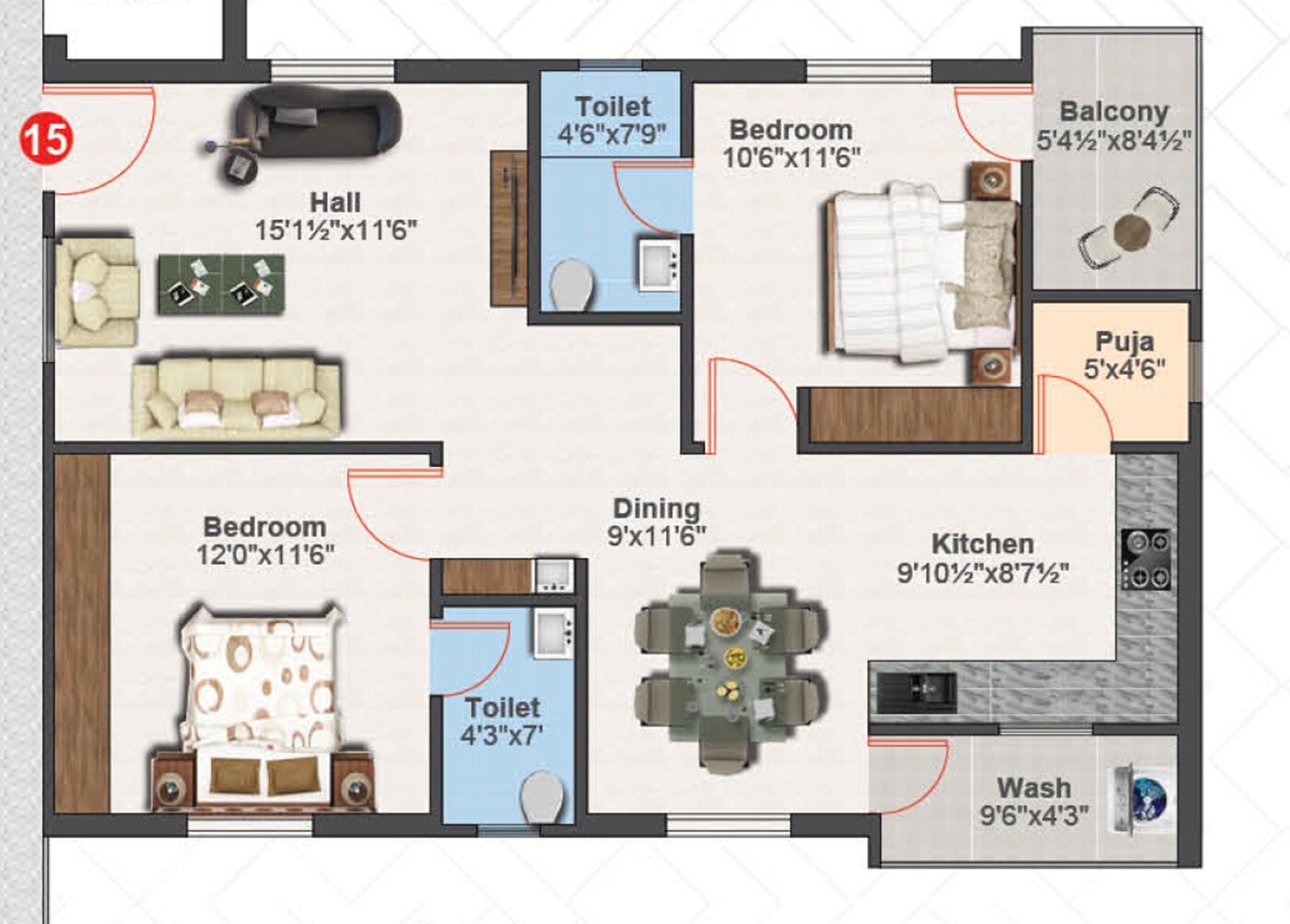 Floor plan of 2 BHK 1216 Sq. Ft. Apartment in Sai Prestige Tower, Hyderabad