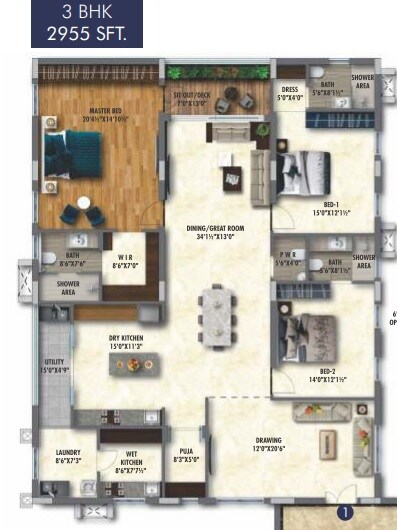 Floor plan of 3 BHK 2955 Sq. Ft. Apartment in Sai Raghavendra BR Icon, Hyderabad
