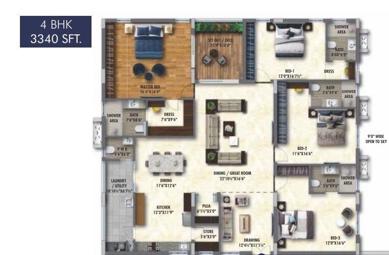 Floor plan of 4 BHK 3340 Sq. Ft. Apartment in Sai Raghavendra BR Icon, Hyderabad