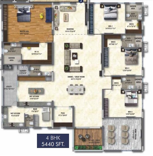 Floor plan of 4 BHK 5440 Sq. Ft. Apartment in Sai Raghavendra BR Icon, Hyderabad