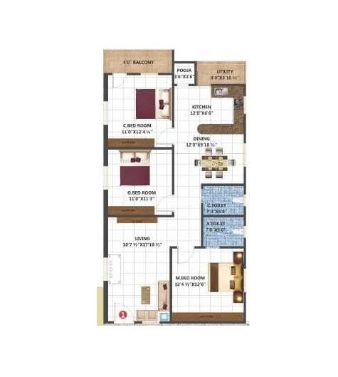 Floor plan of 3 BHK 1415 Sq. Ft. Apartment in Sai RR Ankura, Hyderabad