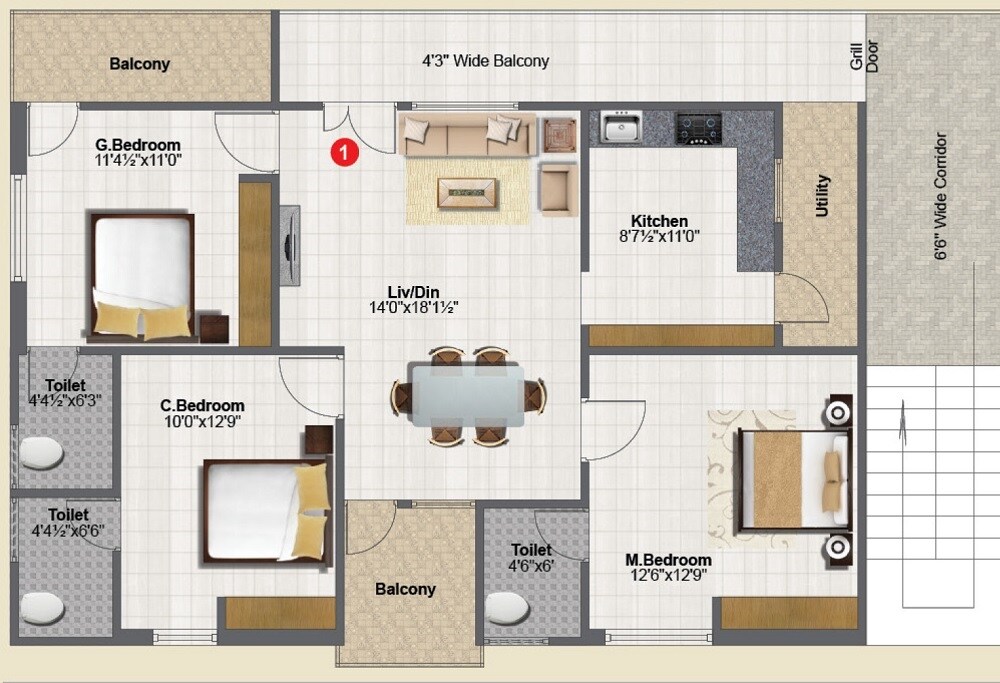 Floor plan of 3 BHK 1465 Sq. Ft. Apartment in Sai Srinivasa Luxuria, Hyderabad