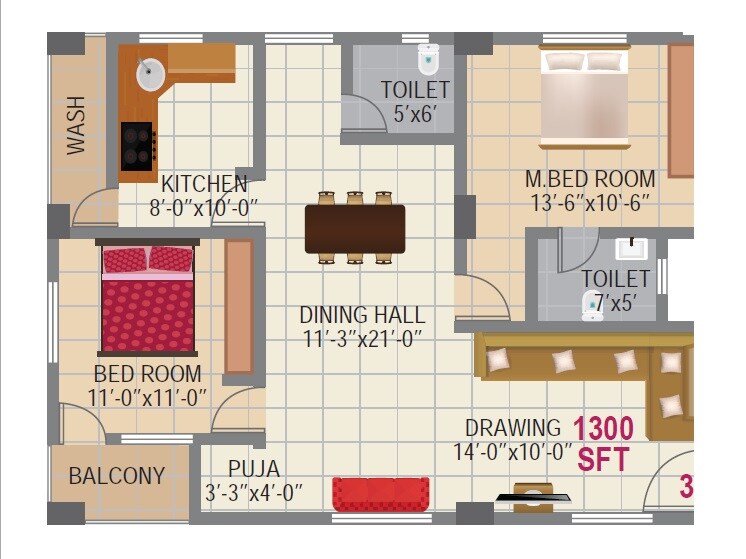2 BHK 1300 Sq. Ft. Apartment