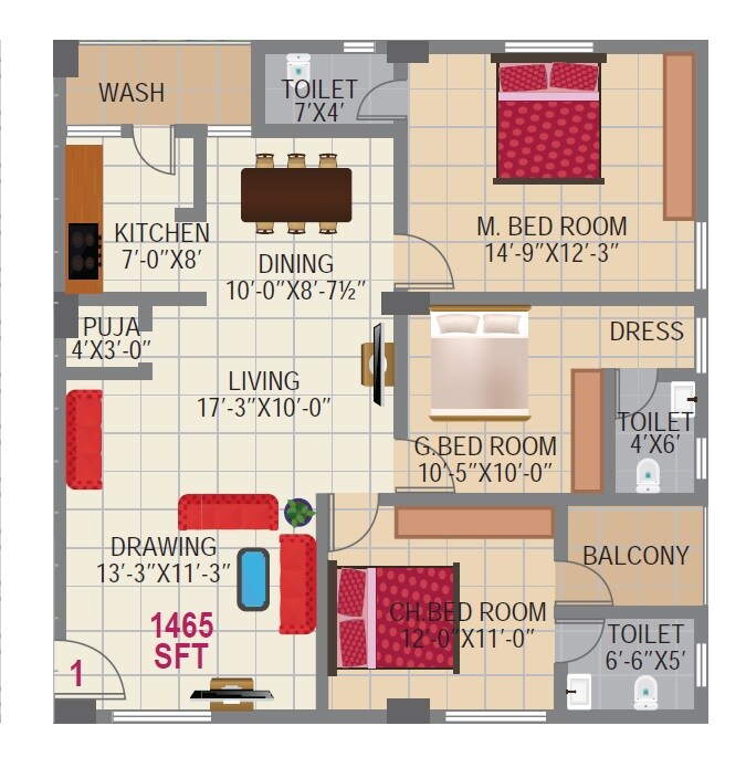 Floor plan of 3 BHK 1465 Sq. Ft. Apartment in Sai Tejas Challa Elite, Hyderabad