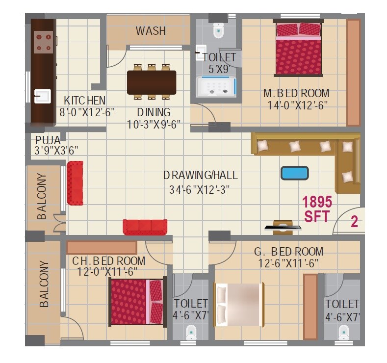 Floor plan of 3 BHK 1895 Sq. Ft. Apartment in Sai Tejas Challa Elite, Hyderabad