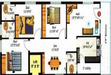 Floor plan of 3 BHK Apartment - 1314 sq. ft. in Saikota Sannidhi, Hyderabad