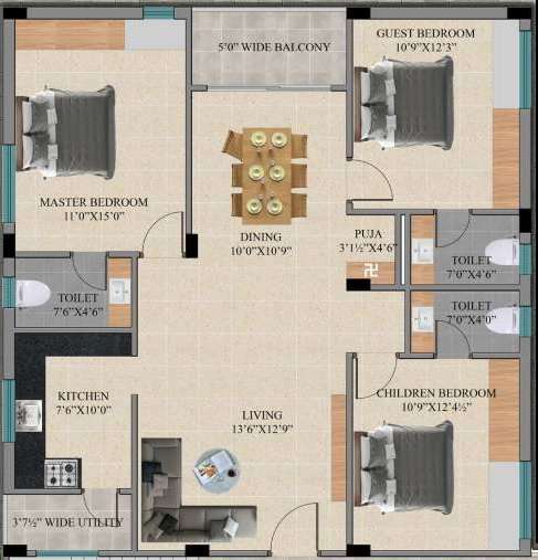 3 BHK 1506 Sq. Ft. Apartment in Saishakti Symphony