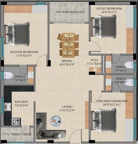 Floor plan of 3 BHK 1506 Sq. Ft. Apartment in Saishakti Symphony, Hyderabad
