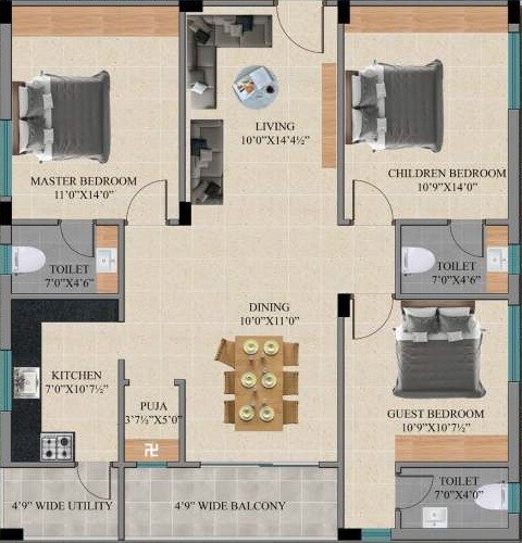 Floor plan of 3 BHK 1525 Sq. Ft. Apartment in Saishakti Symphony, Hyderabad