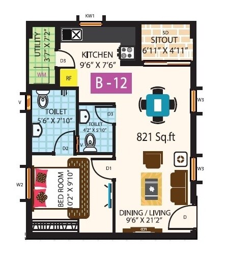 1 BHK 821 Sq. Ft. Apartment