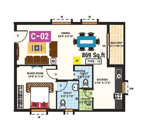 1 BHK 869 Sq. Ft. Apartment