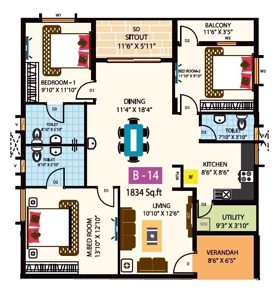 3 BHK 1834 Sq. Ft. Apartment