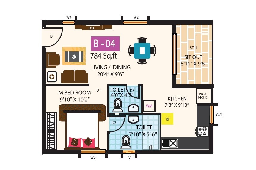 Floor plan of 1 BHK 784 Sq. Ft. Apartment in Saket Pranamam Block B And Block D, Hyderabad