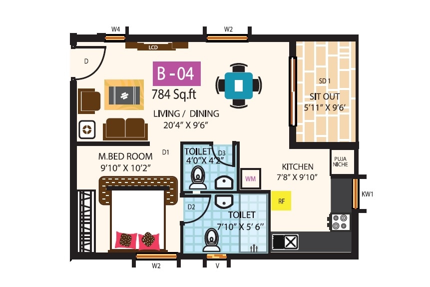 1 BHK 784 Sq. Ft. Apartment