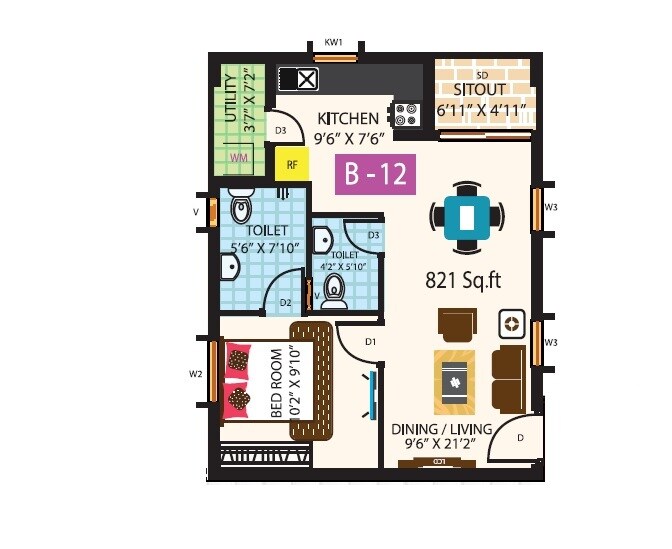 Floor plan of 1 BHK 821 Sq. Ft. Apartment in Saket Pranamam Block B And Block D, Hyderabad