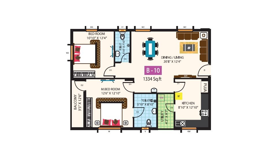Floor plan of 2 BHK 1334 Sq. Ft. Apartment in Saket Pranamam Block B And Block D, Hyderabad