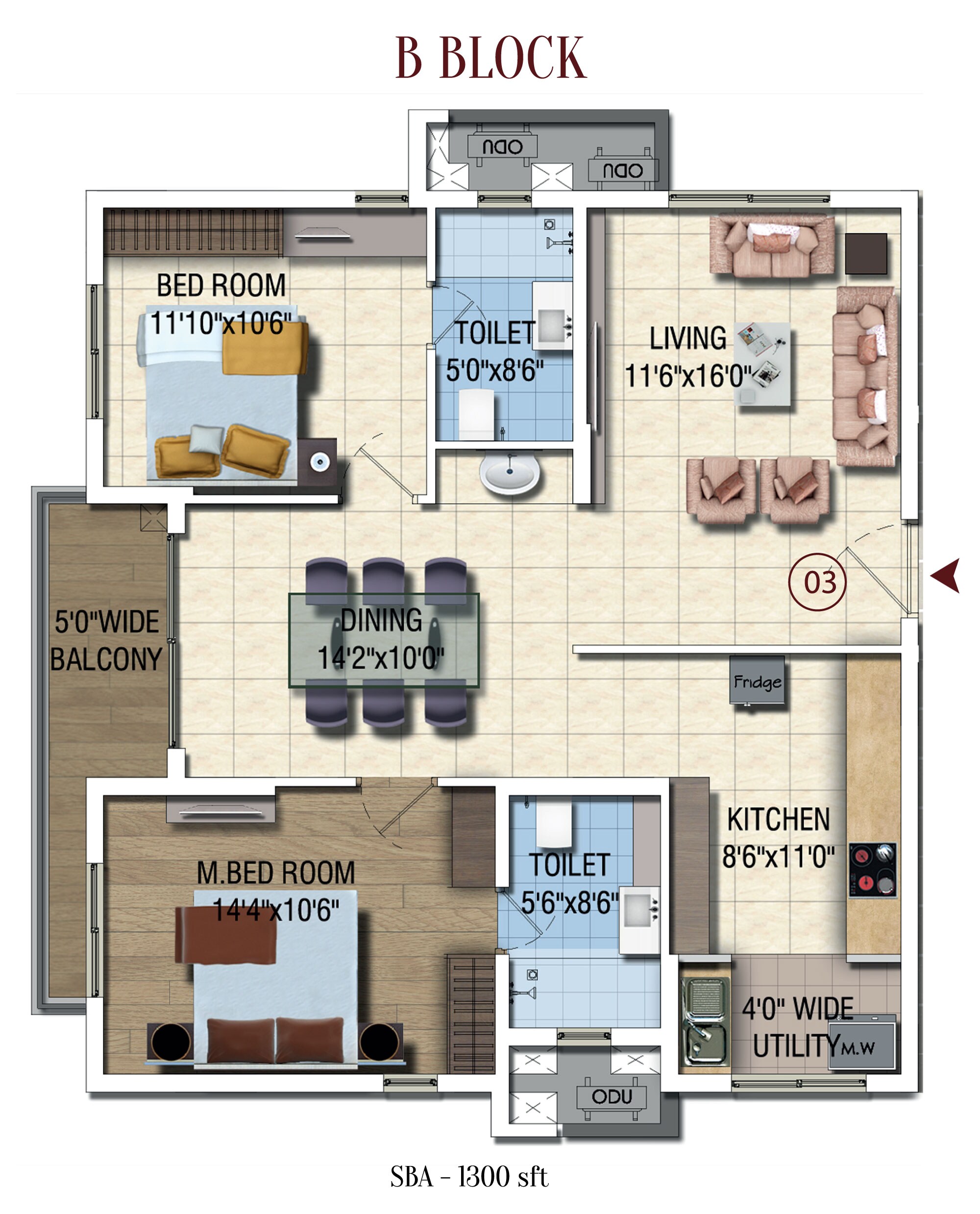 Floor plan of 2 BHK 1300 Sq. Ft. Apartment in Salarpuria Sattva Magnus, Hyderabad