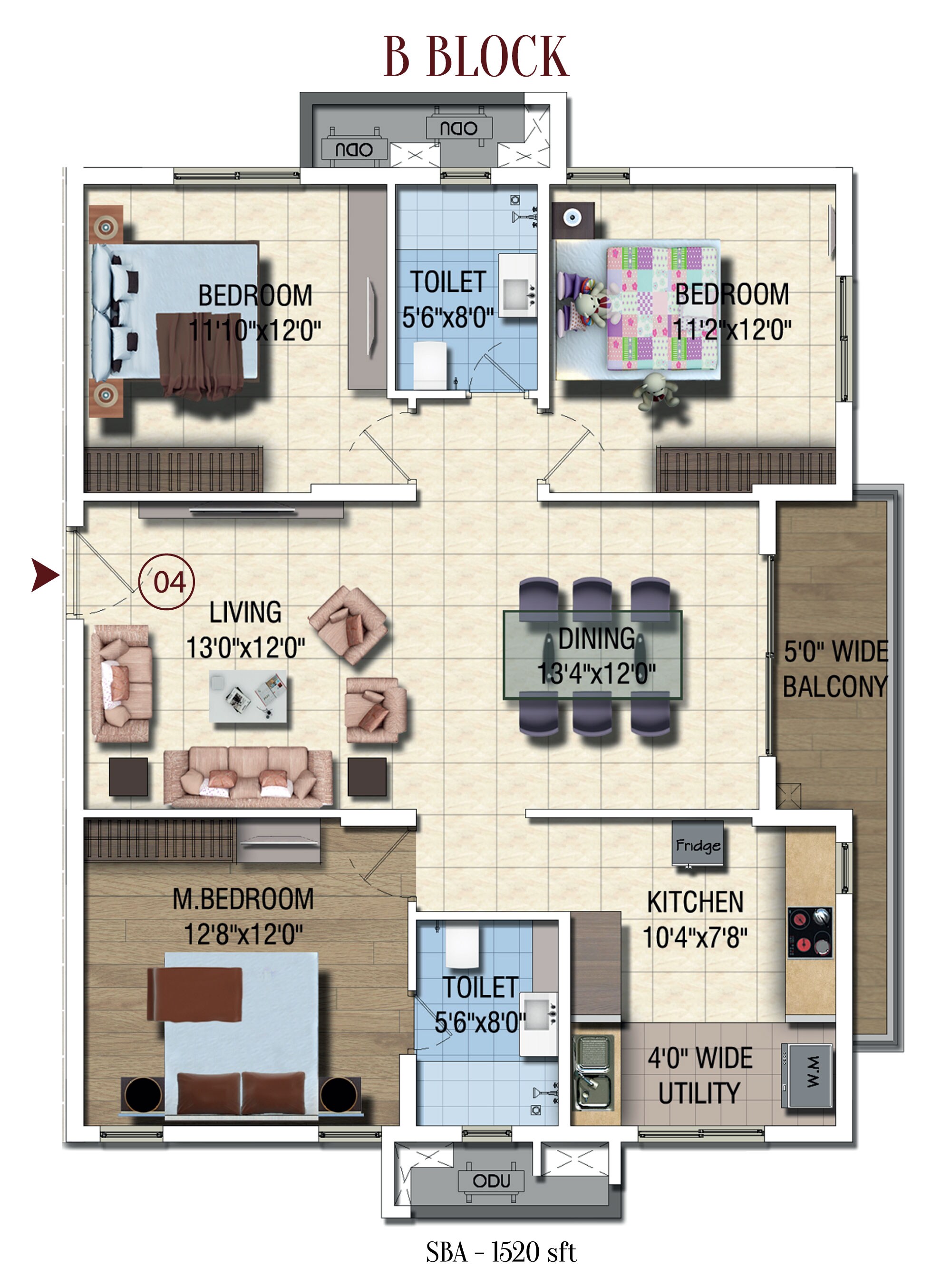 Floor plan of 3 BHK 1520 Sq. Ft. Apartment in Salarpuria Sattva Magnus, Hyderabad