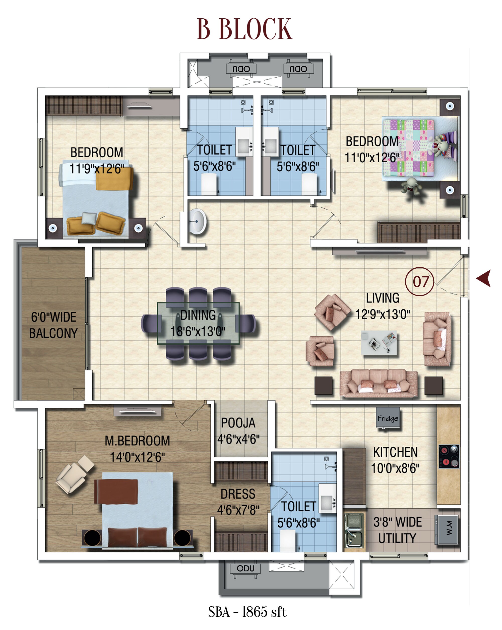 Floor plan of 3 BHK 1865 Sq. Ft. Apartment in Salarpuria Sattva Magnus, Hyderabad