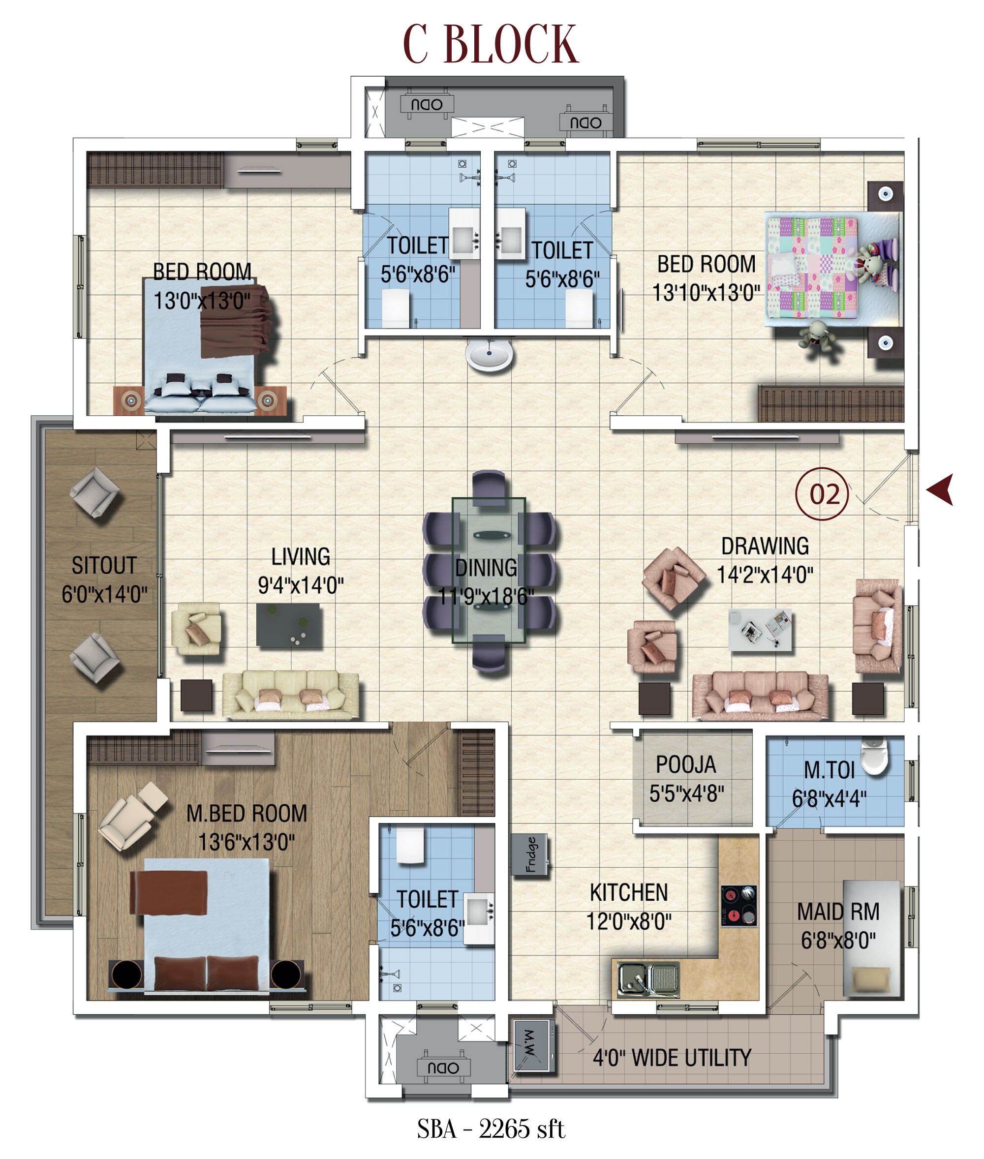 Floor plan of 3 BHK 2265 Sq. Ft. Apartment in Salarpuria Sattva Magnus, Hyderabad