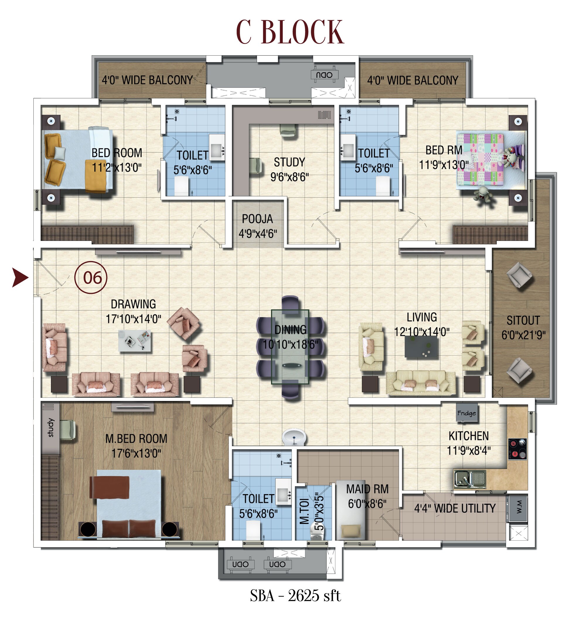 Floor plan of 3 BHK 2625 Sq. Ft. Apartment in Salarpuria Sattva Magnus, Hyderabad