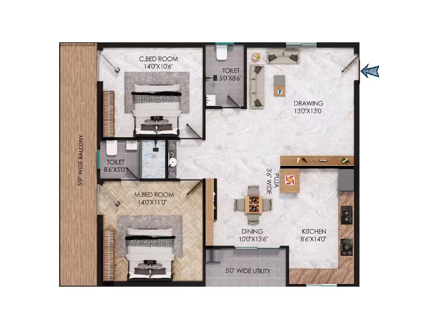 Floor plan of 2 BHK 1321 Sq. Ft. Apartment in Samalas Sunshine Woods, Hyderabad