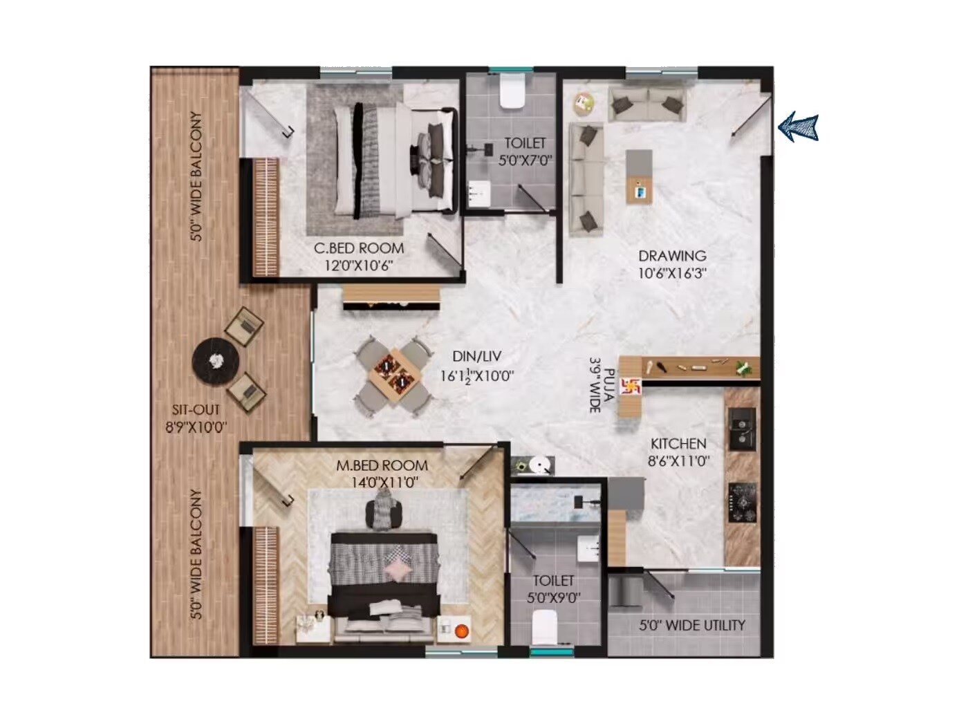 Floor plan of 2 BHK 1491 Sq. Ft. Apartment in Samalas Sunshine Woods, Hyderabad