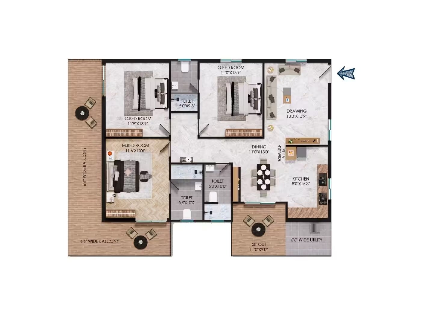 Floor plan of 3 BHK 1594 Sq. Ft. Apartment in Samalas Sunshine Woods, Hyderabad