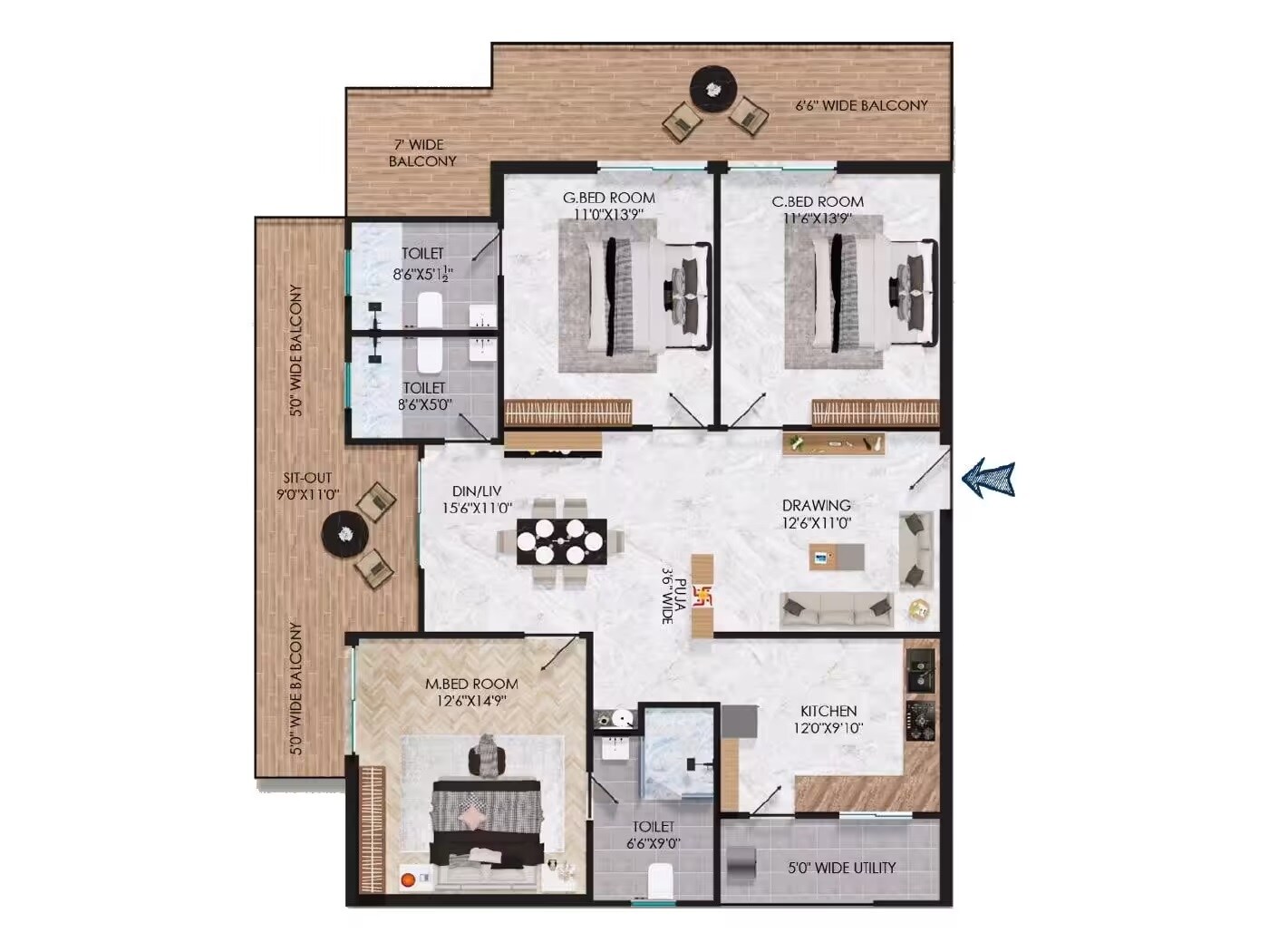 Floor plan of 3 BHK 2173 Sq. Ft. Apartment in Samalas Sunshine Woods, Hyderabad