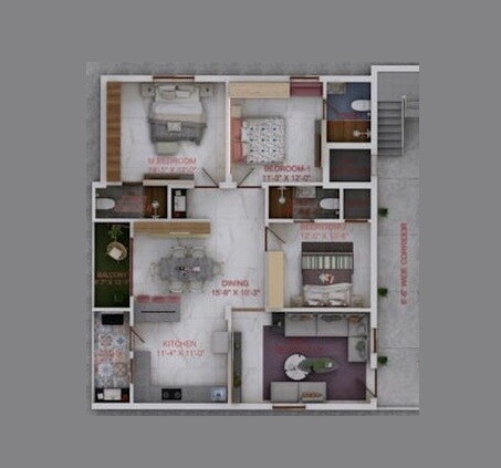 Floor plan of 3 BHK 1657 Sq. Ft. Apartment in Samanvi Royale, Hyderabad