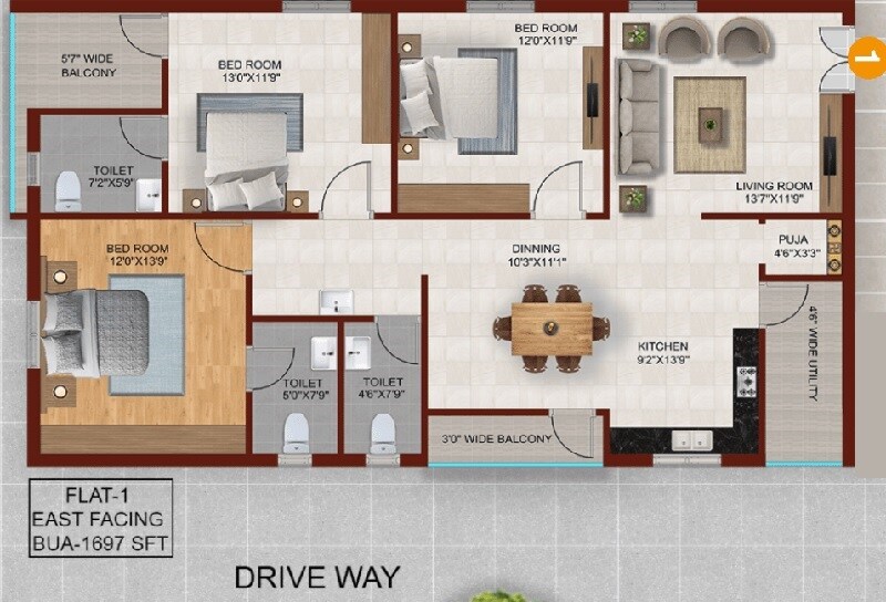 Floor plan of 3 BHK 1697 Sq. Ft. Apartment in Samaveda Landmark, Hyderabad