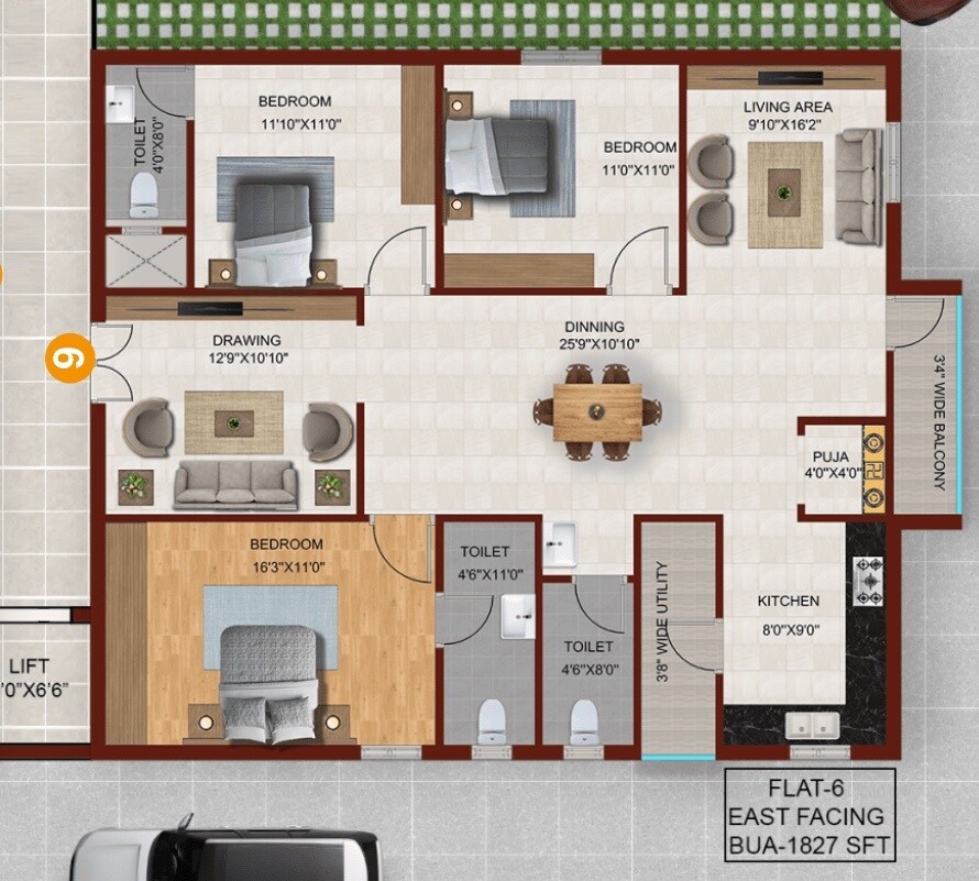 Floor plan of 3 BHK 1827 Sq. Ft. Apartment in Samaveda Landmark, Hyderabad