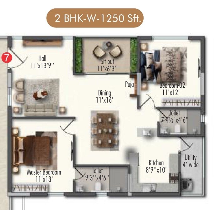 Floor plan of 2 BHK 1250 Sq. Ft. Apartment in Samracana Swasthi, Hyderabad