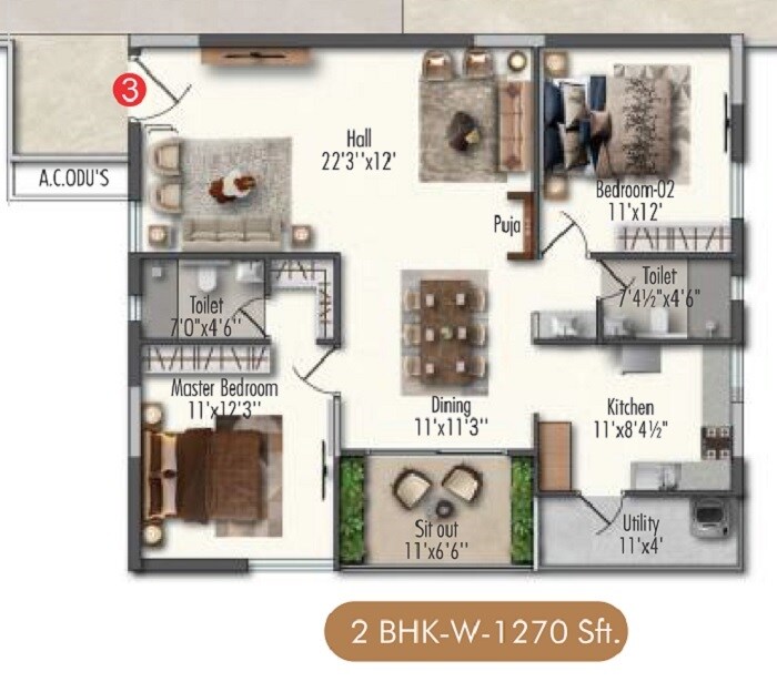 Floor plan of 2 BHK 1270 Sq. Ft. Apartment in Samracana Swasthi, Hyderabad