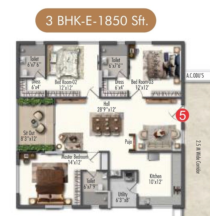 Floor plan of 3 BHK 1850 Sq. Ft. Apartment in Samracana Swasthi, Hyderabad
