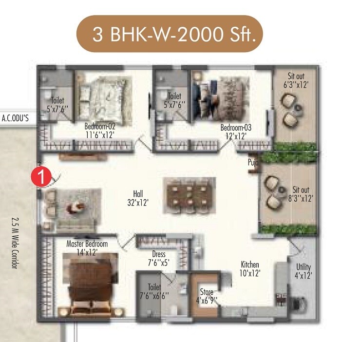 Floor plan of 3 BHK 2000 Sq. Ft. Apartment in Samracana Swasthi, Hyderabad