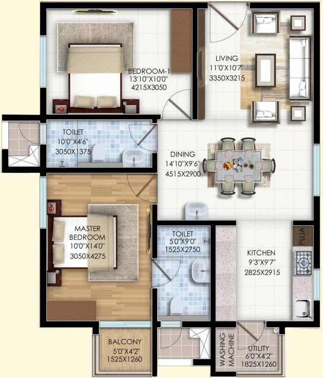 Floor plan of 2 BHK 1155 Sq. Ft. Apartment in Sanali Tranquility, Hyderabad