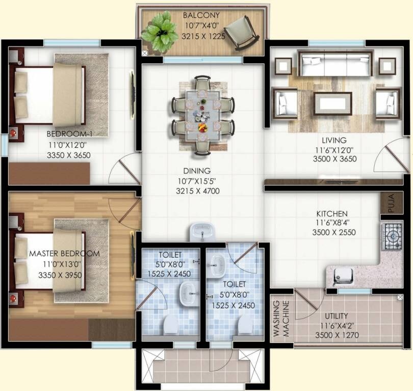 Floor plan of 2 BHK 1280 Sq. Ft. Apartment in Sanali Tranquility, Hyderabad