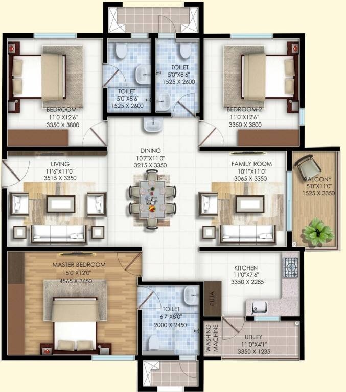 Floor plan of 3 BHK 1780 Sq. Ft. Apartment in Sanali Tranquility, Hyderabad