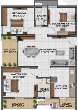 Floor plan of 3 BHK 1273 Sq. Ft. Apartment in Sandheera Bhavani High Nest, Hyderabad