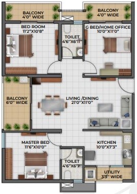 Floor plan of 3 BHK 1428 Sq. Ft. Apartment in Sandheera Bhavani High Nest, Hyderabad