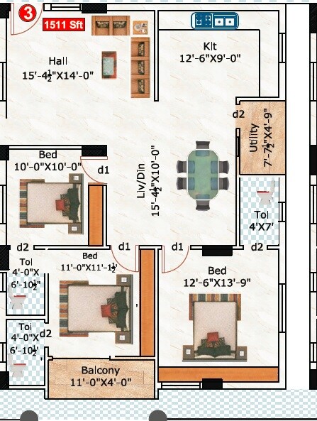 3 BHK 1511 Sq. Ft. Apartment